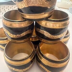 Moody Hollywood Regency Black Enamel Etched Brass Barrel Napkin Rings SET of 8